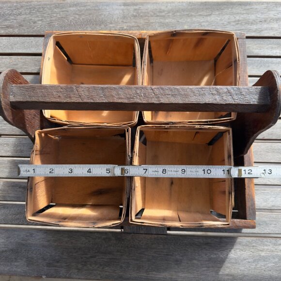 Vintage Handmade Rustic Wooden Berry 4 Basket Carrier Farmhouse Decor - Picture 3 of 16